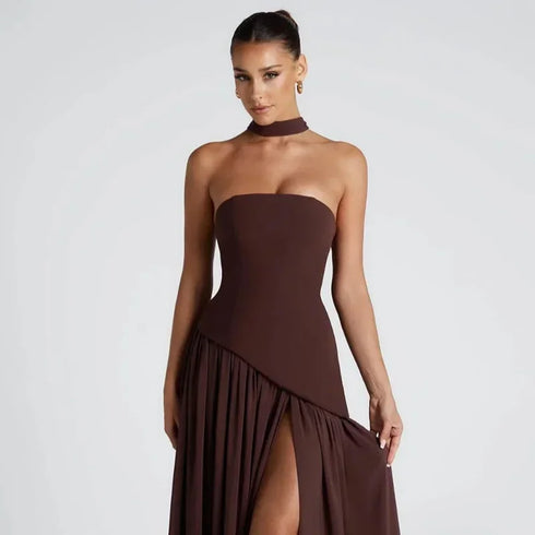Elegant Solid Pleated Maxi Dress for Women with Sexy Sleeveless Off Shoulder Design and High Slit Party Wear